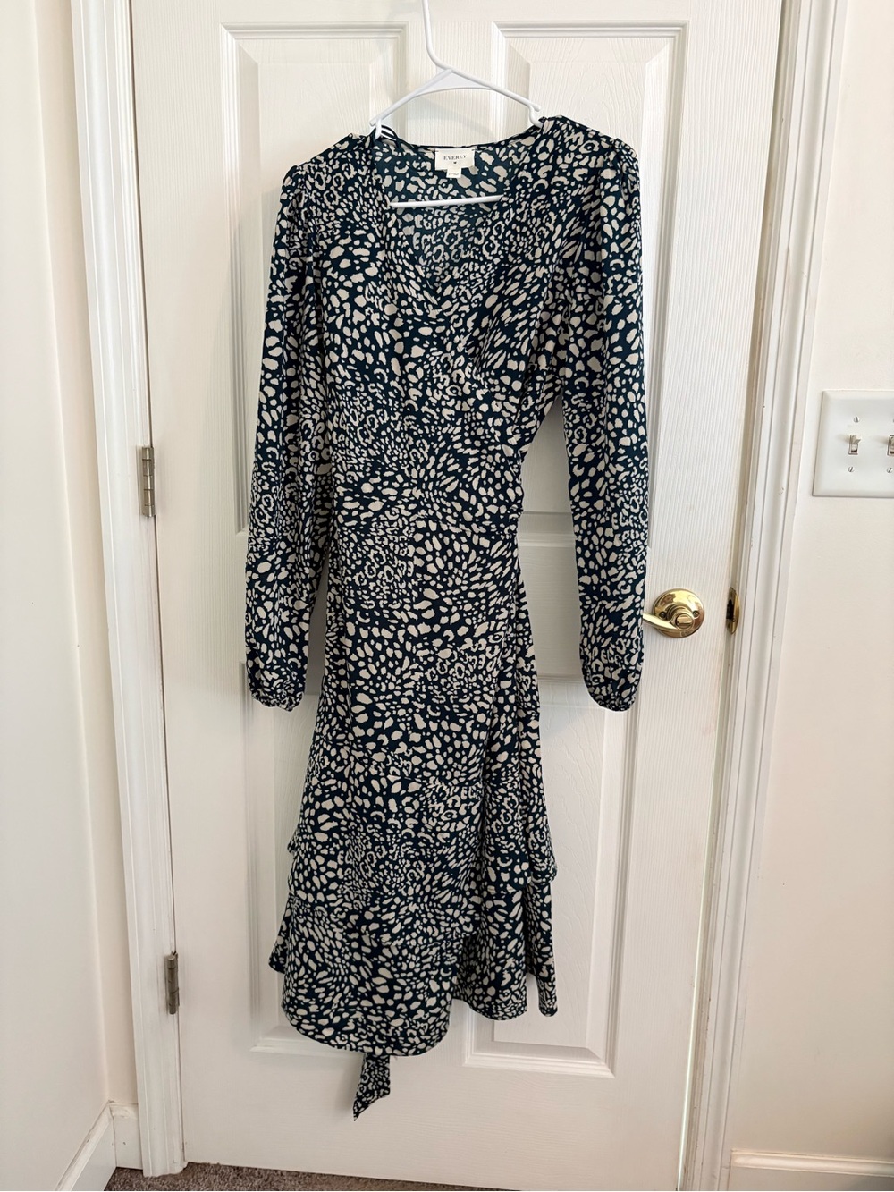 Everly Green and White Printed Long Sleeve Wrap Dress